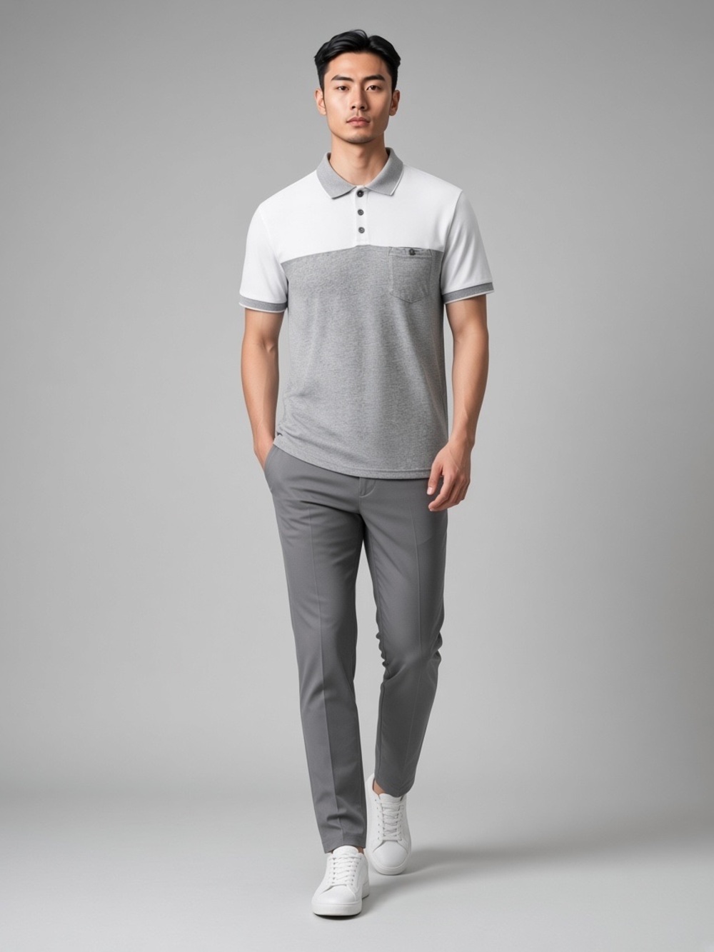 Denim & Flower by Ricky Singh Men’s Two-Tone Grey & White Polo Shirt Medium